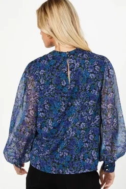 Petite Blue Ditsy Chiffon High Neck Long Sleeve Blouse