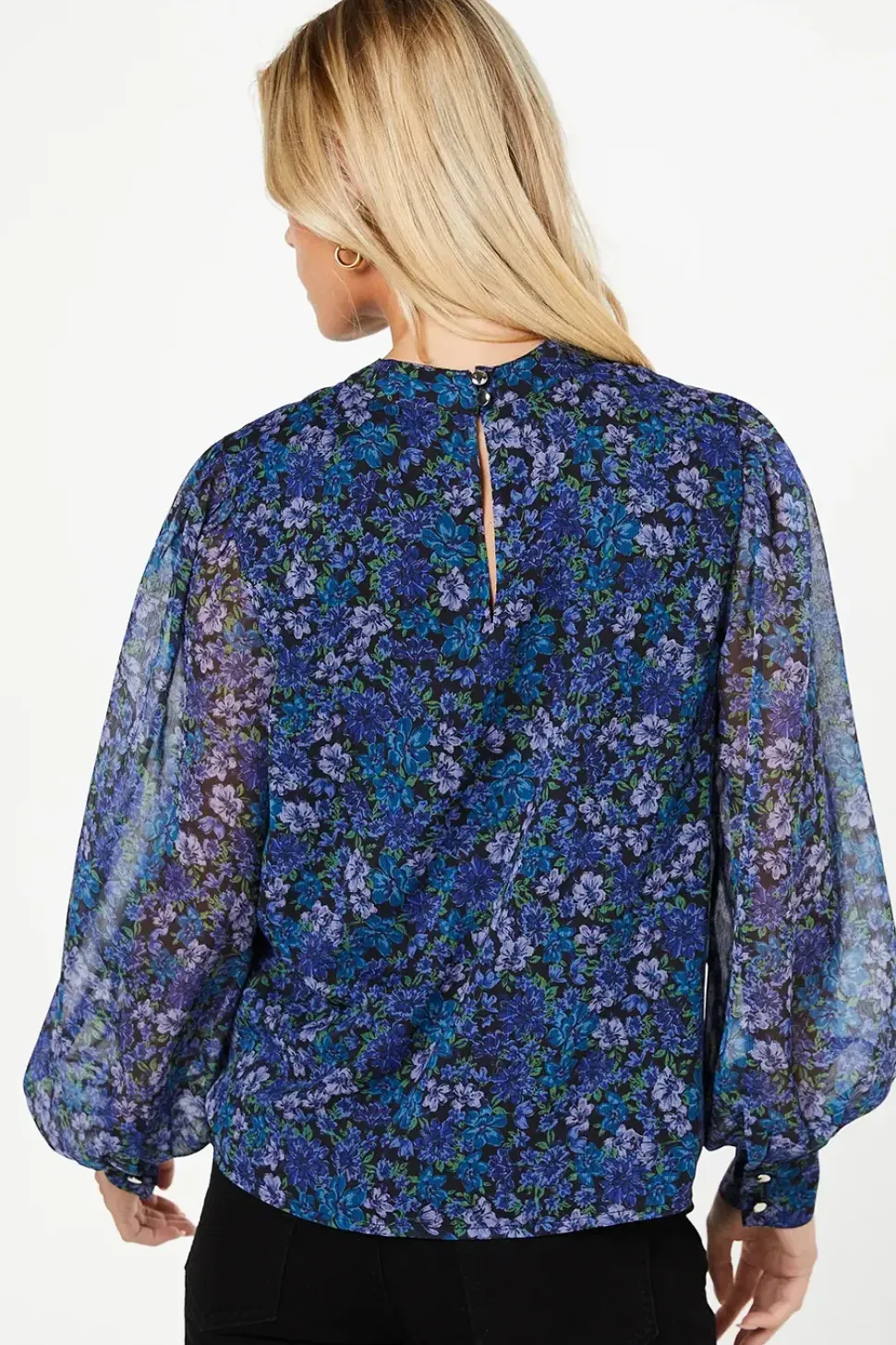 Petite Blue Ditsy Chiffon High Neck Long Sleeve Blouse
