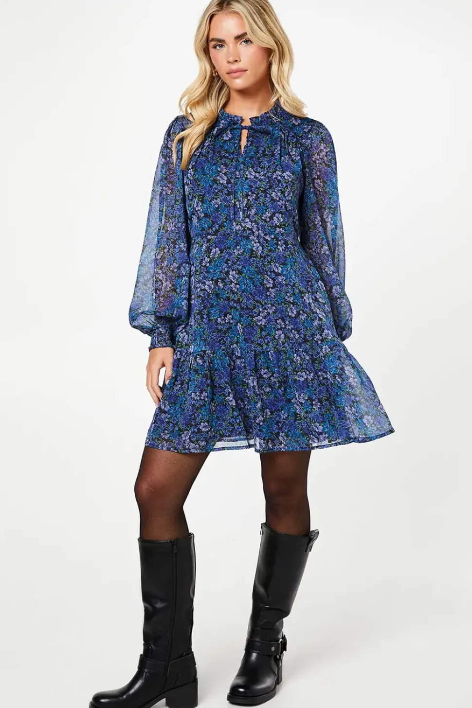 Petite Blue Ditsy Chiffon Ruffle Hem Long Sleeve Mini Dress
