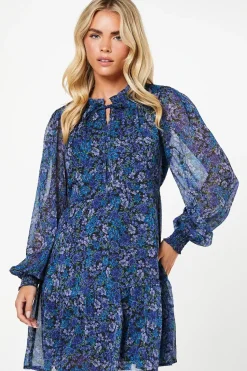 Petite Blue Ditsy Chiffon Ruffle Hem Long Sleeve Mini Dress