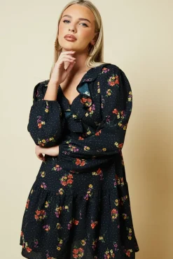 Petite Blue Ditsy Floral Tiered Hem Frill Wrap Mini Dress