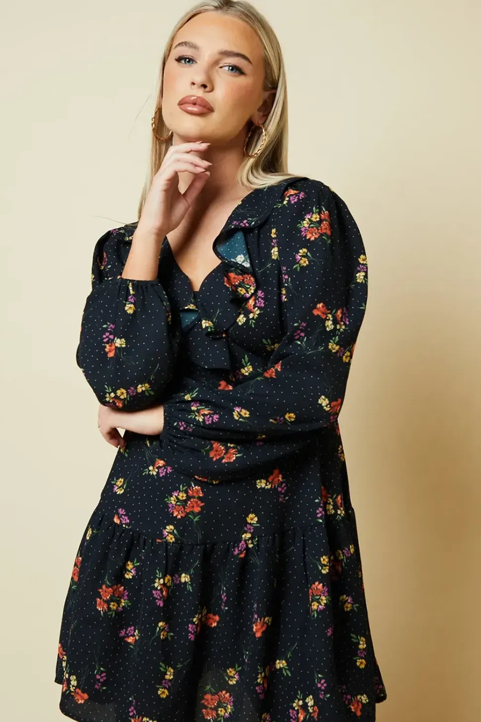 Petite Blue Ditsy Floral Tiered Hem Frill Wrap Mini Dress