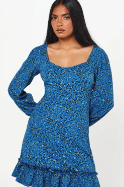 Petite Blue Ditsy Ruffle Hem Mini Dress