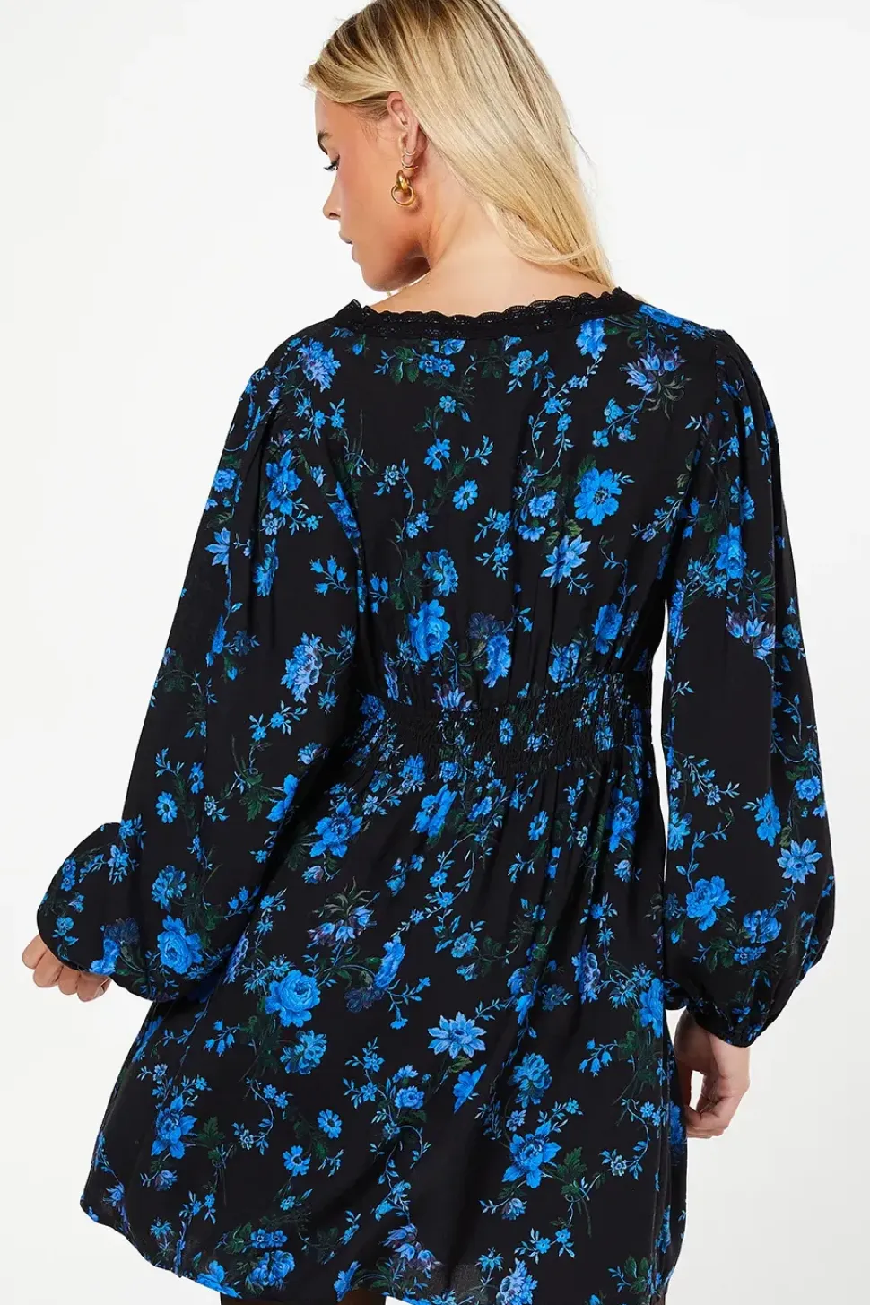 Petite Blue Floral Long Sleeve Lace Trim Button Front Mini Dress