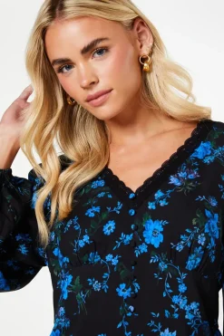 Petite Blue Floral Long Sleeve Lace Trim Button Front Mini Dress