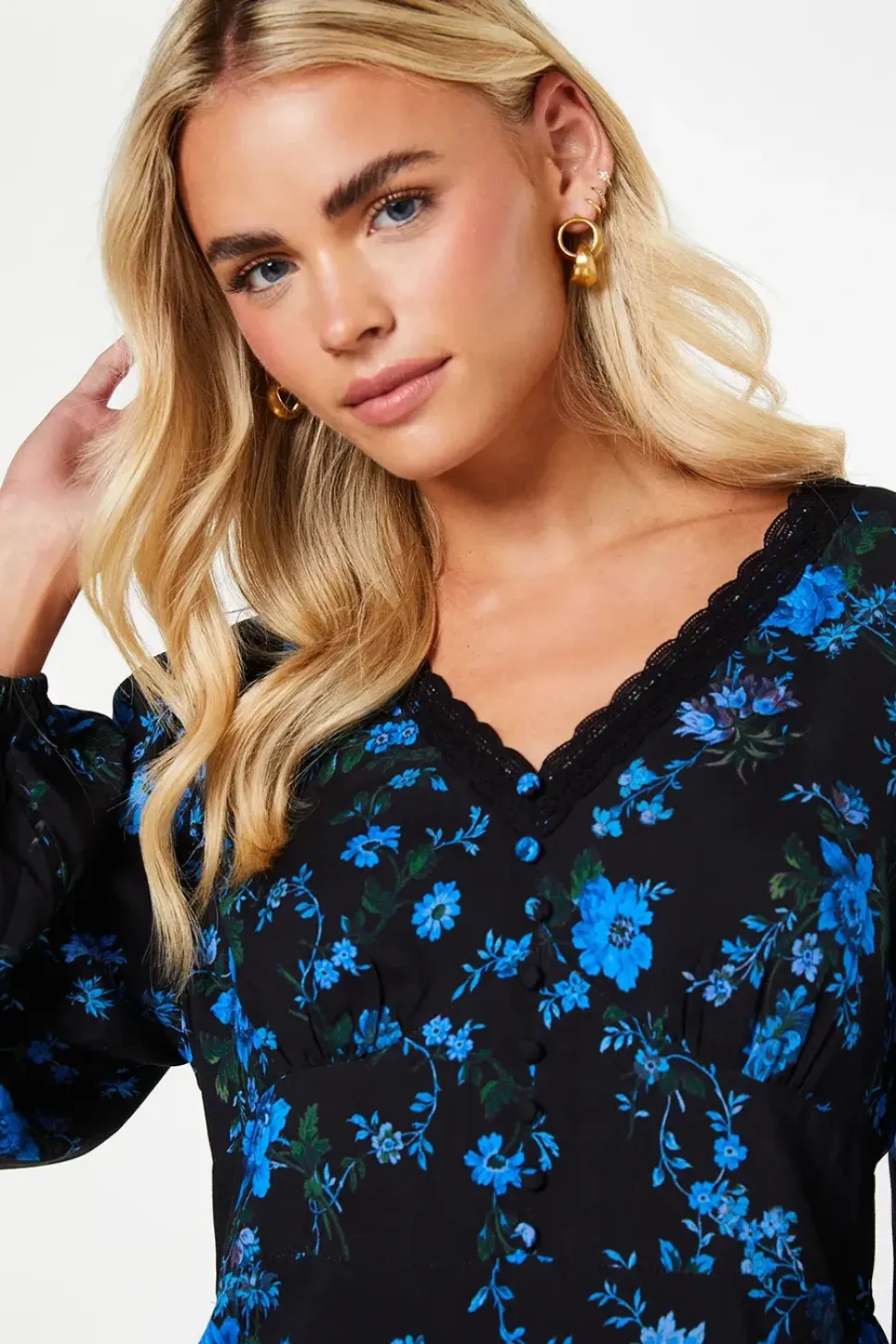 Petite Blue Floral Long Sleeve Lace Trim Button Front Mini Dress