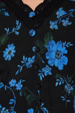 Petite Blue Floral Long Sleeve Lace Trim Button Front Mini Dress
