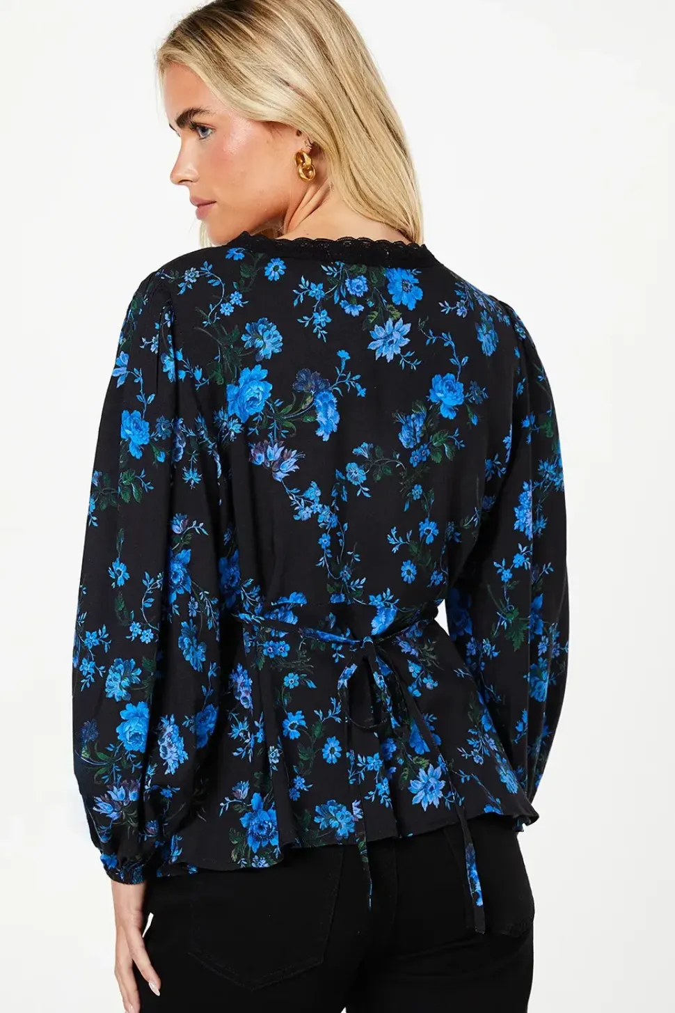 Petite Blue Floral Long Sleeve Lace Trim Button Front Tea Blouse