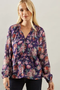 Petite Blue Floral Neck Detail Blouse
