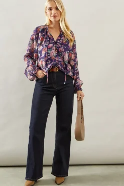 Petite Blue Floral Neck Detail Blouse