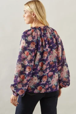Petite Blue Floral Neck Detail Blouse