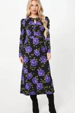 Petite Blue Floral Ruched Keyhole Front Midi Dress
