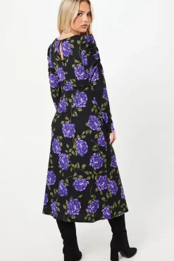 Petite Blue Floral Ruched Keyhole Front Midi Dress