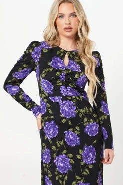 Petite Blue Floral Ruched Keyhole Front Midi Dress