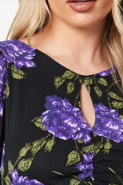Petite Blue Floral Ruched Keyhole Front Midi Dress