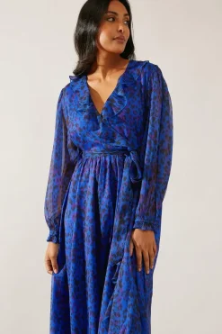 Petite Blue Leopard Ruffle Wrap Midi Dress