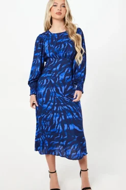 Petite Blue Zebra Shirred Cuff Mini Dress