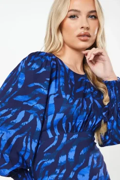 Petite Blue Zebra Shirred Cuff Mini Dress