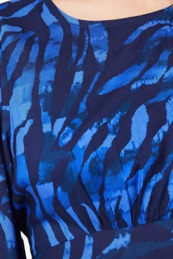 Petite Blue Zebra Shirred Cuff Mini Dress