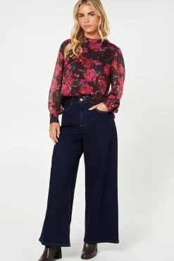 Petite Blurred Floral Chiffon High Neck Long Sleeve Blouse