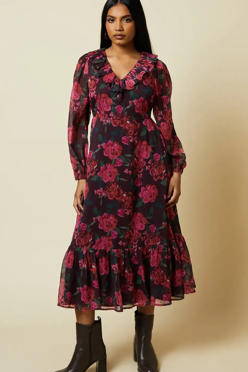 Petite Blurred Floral Chiffon Ruffle Neck Long Sleeve Midi Dress