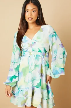 Petite Blurred Floral Corsage Tiered Mini Dress