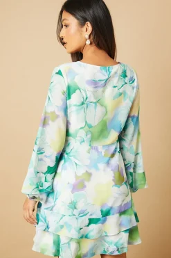 Petite Blurred Floral Corsage Tiered Mini Dress