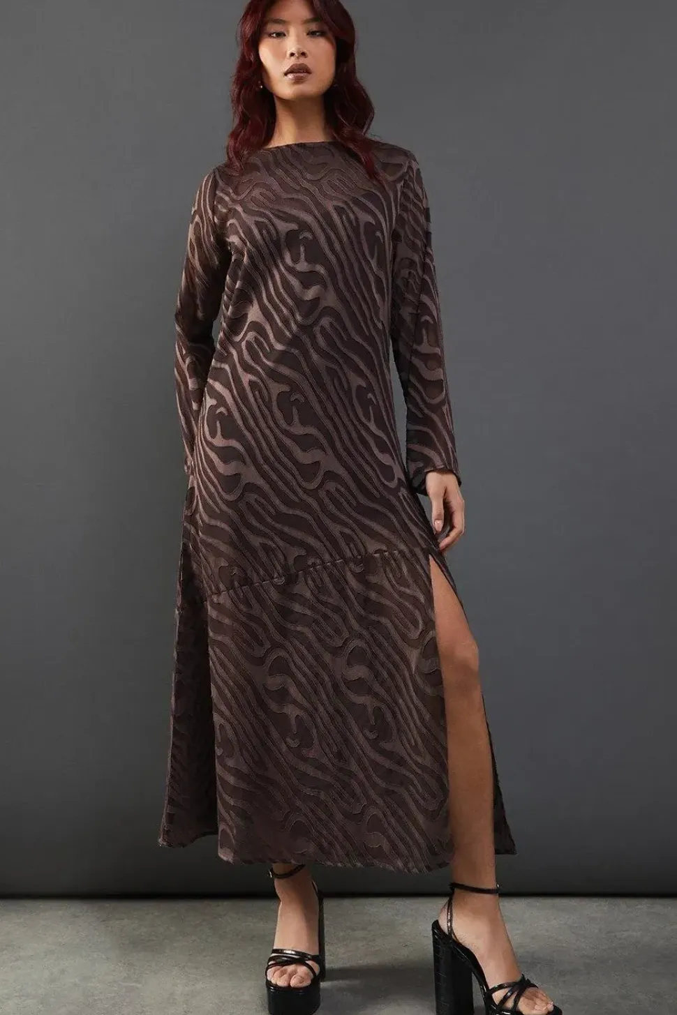 Petite Burnout Chiffon Column Long Sleeve Maxi Dress