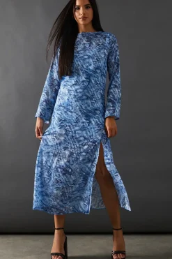 Petite Burnout Snake Chiffon Column Long Sleeve Maxi Dress