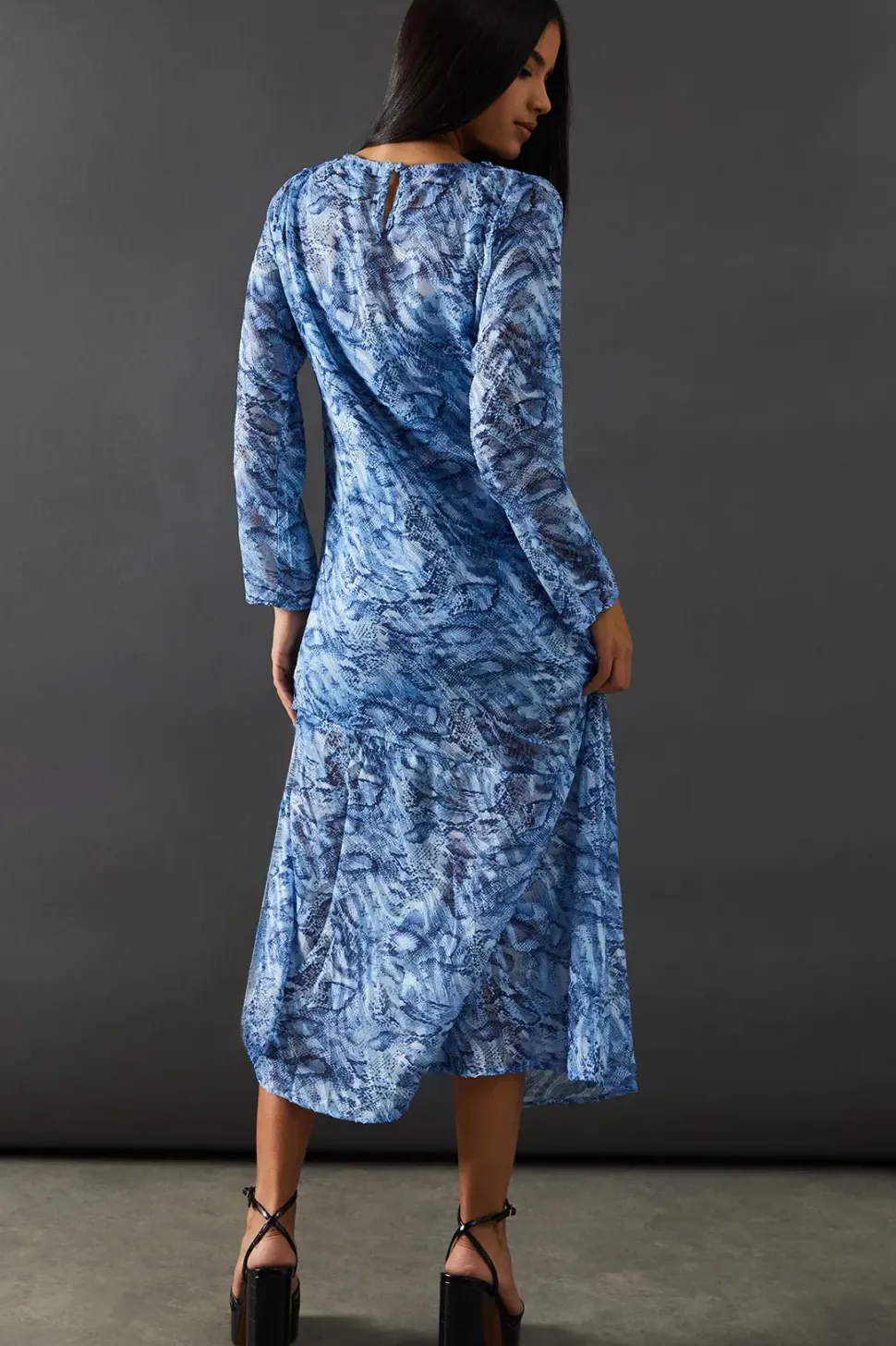Petite Burnout Snake Chiffon Column Long Sleeve Maxi Dress