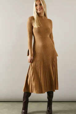 Petite Button Cuff Detail High Neck Pleated Knitted Midaxi Dress