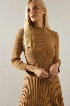 Petite Button Cuff Detail High Neck Pleated Knitted Midaxi Dress