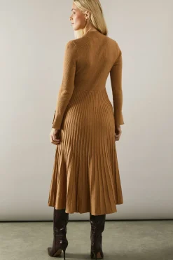 Petite Button Cuff Detail High Neck Pleated Knitted Midaxi Dress