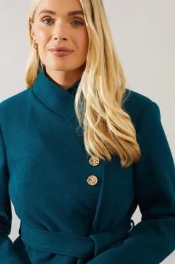 Petite Button Detail Belted Wrap Coat
