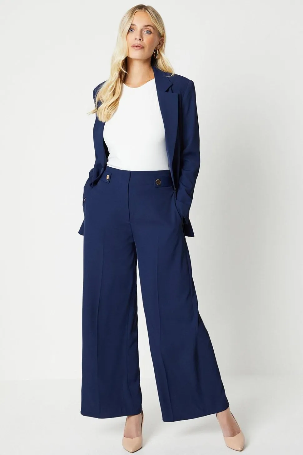 Petite Button Tab Detail Wide Leg Trouser