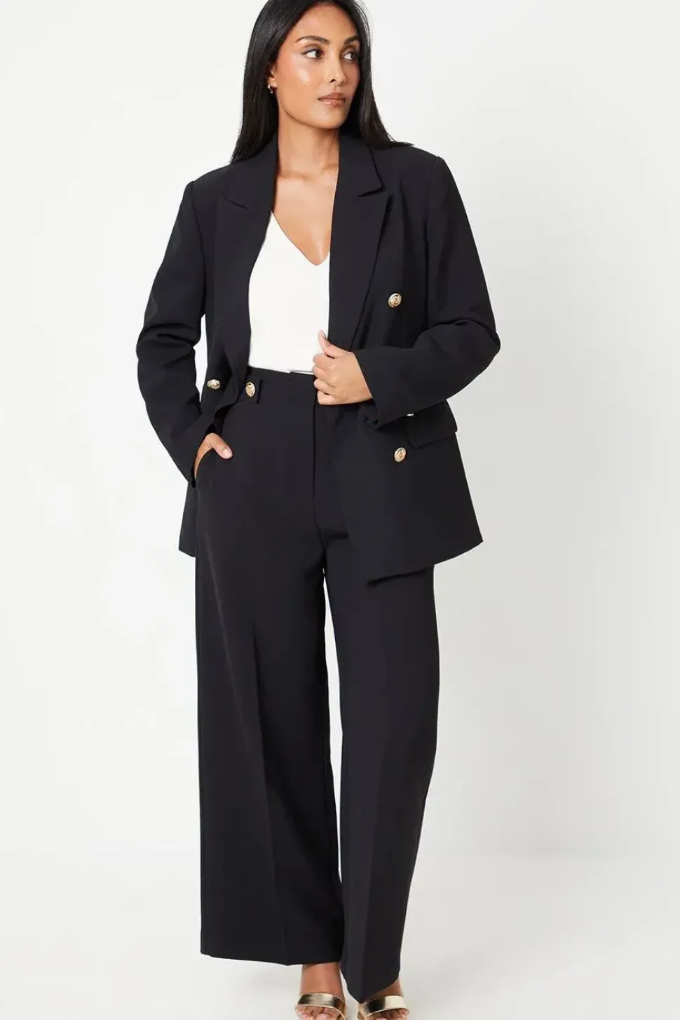 Petite Button Tab Detail Wide Leg Trouser