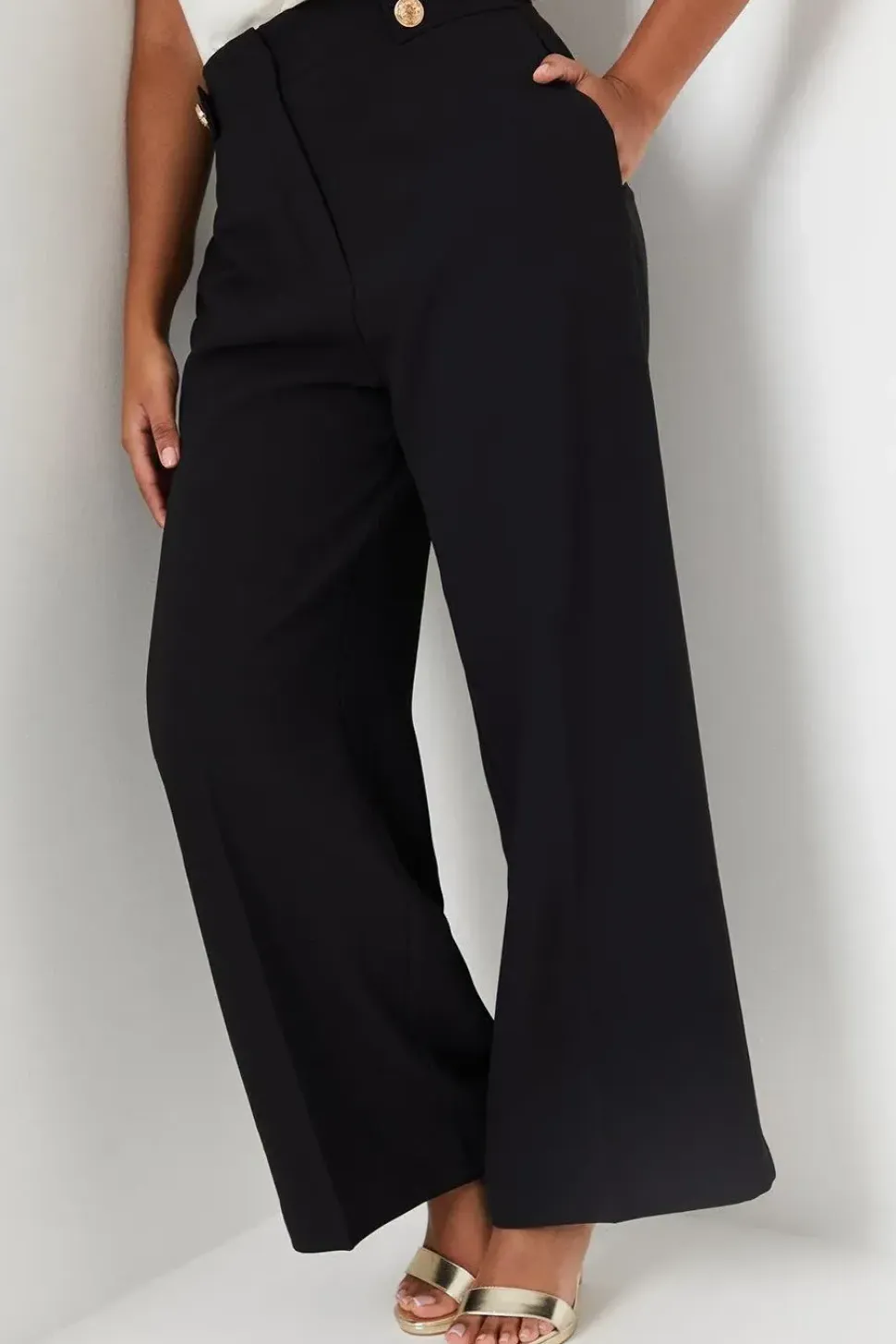 Petite Button Tab Detail Wide Leg Trouser