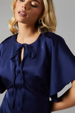 Petite Cape Sleeve Satin Bridesmaids Midi Dress