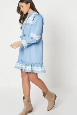 Petite Chambray Lace Trim Drawstring Mini Dress