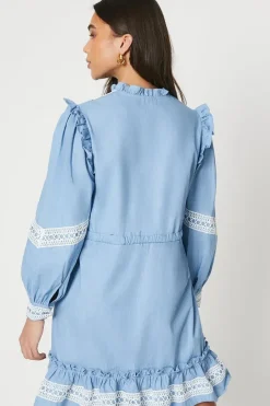 Petite Chambray Lace Trim Drawstring Mini Dress