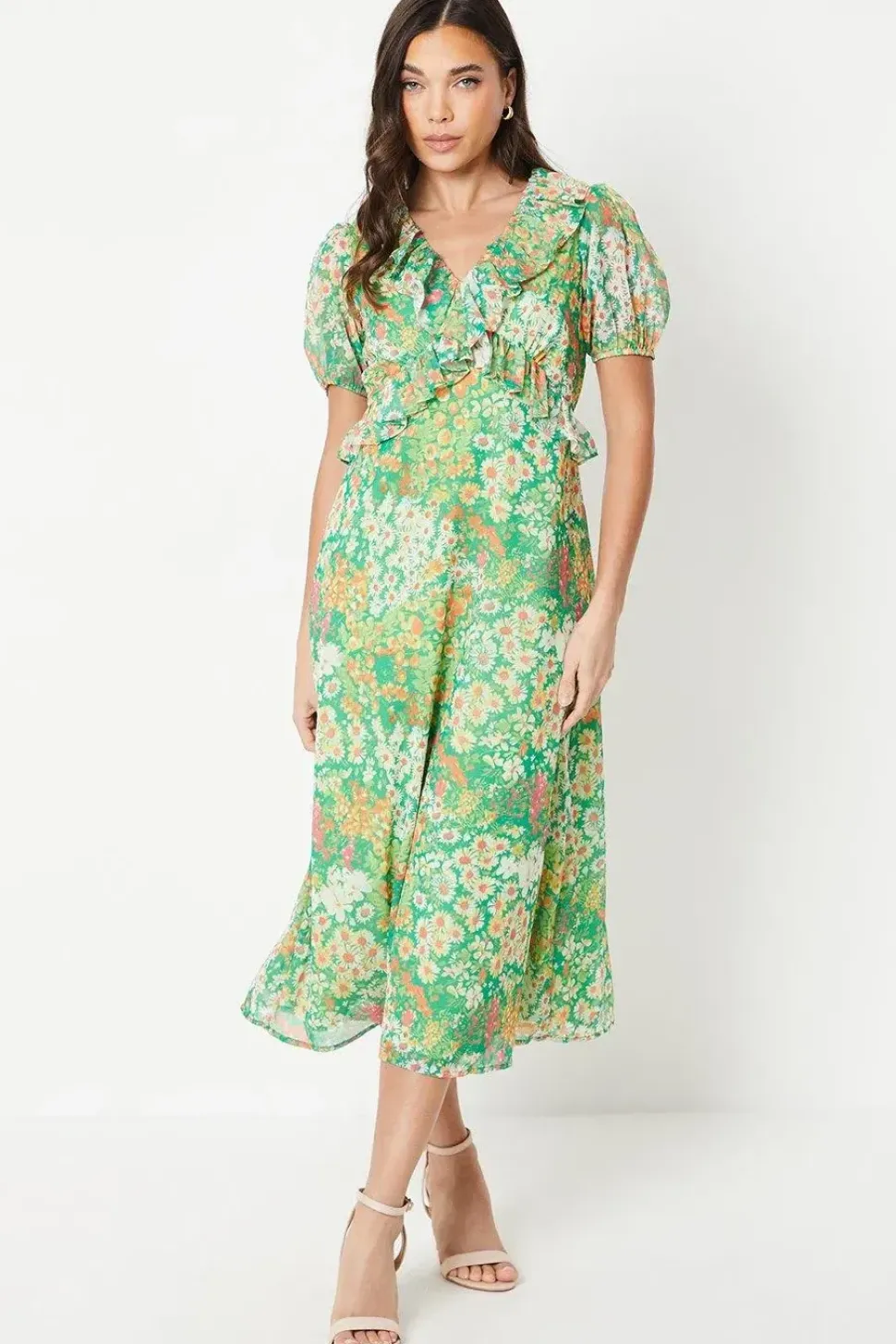 Petite Chiffon Frill Neckline Puff Sleeve Midi Dress