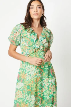 Petite Chiffon Frill Neckline Puff Sleeve Midi Dress