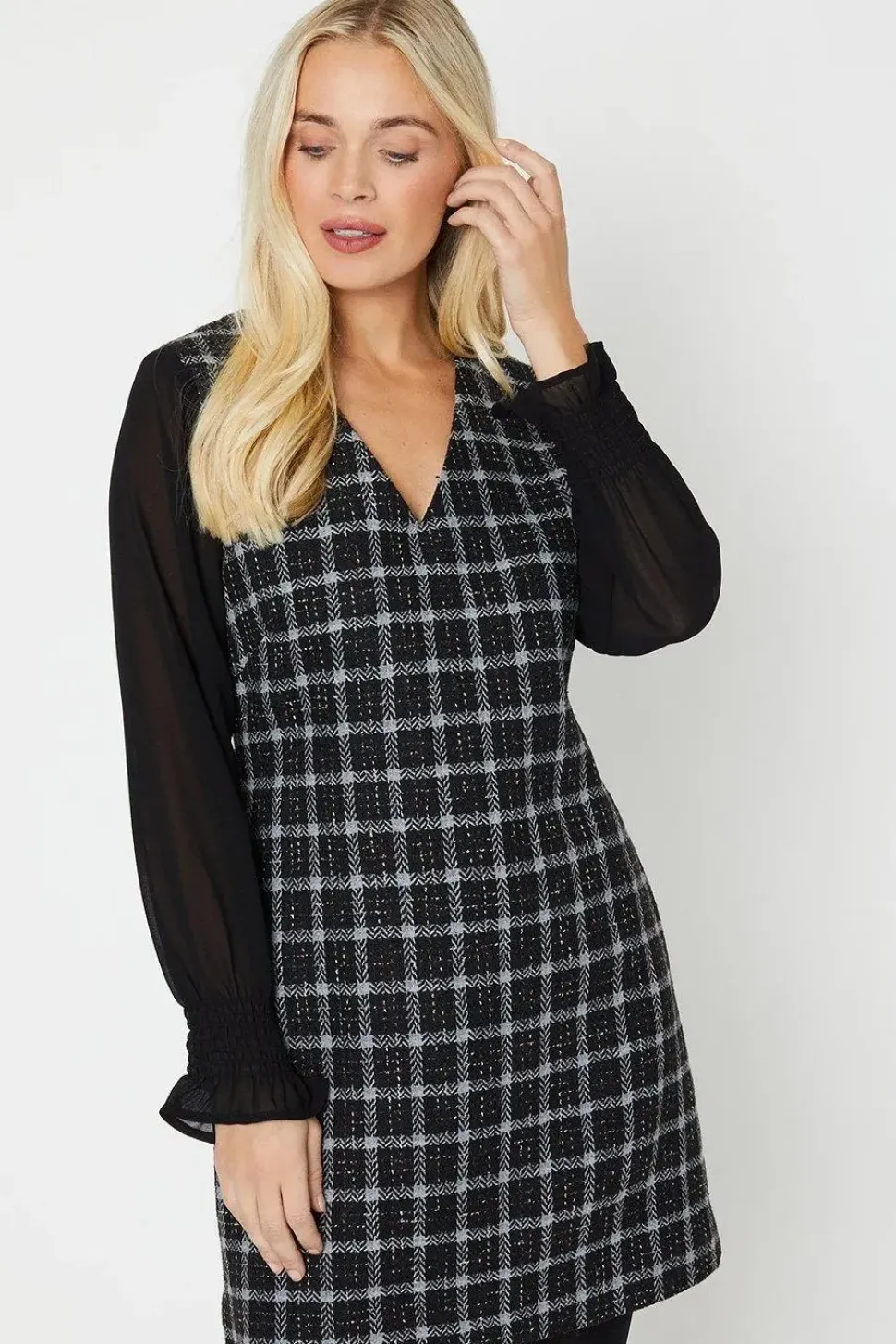 Petite Chiffon Sleeve Check Boucle Dress