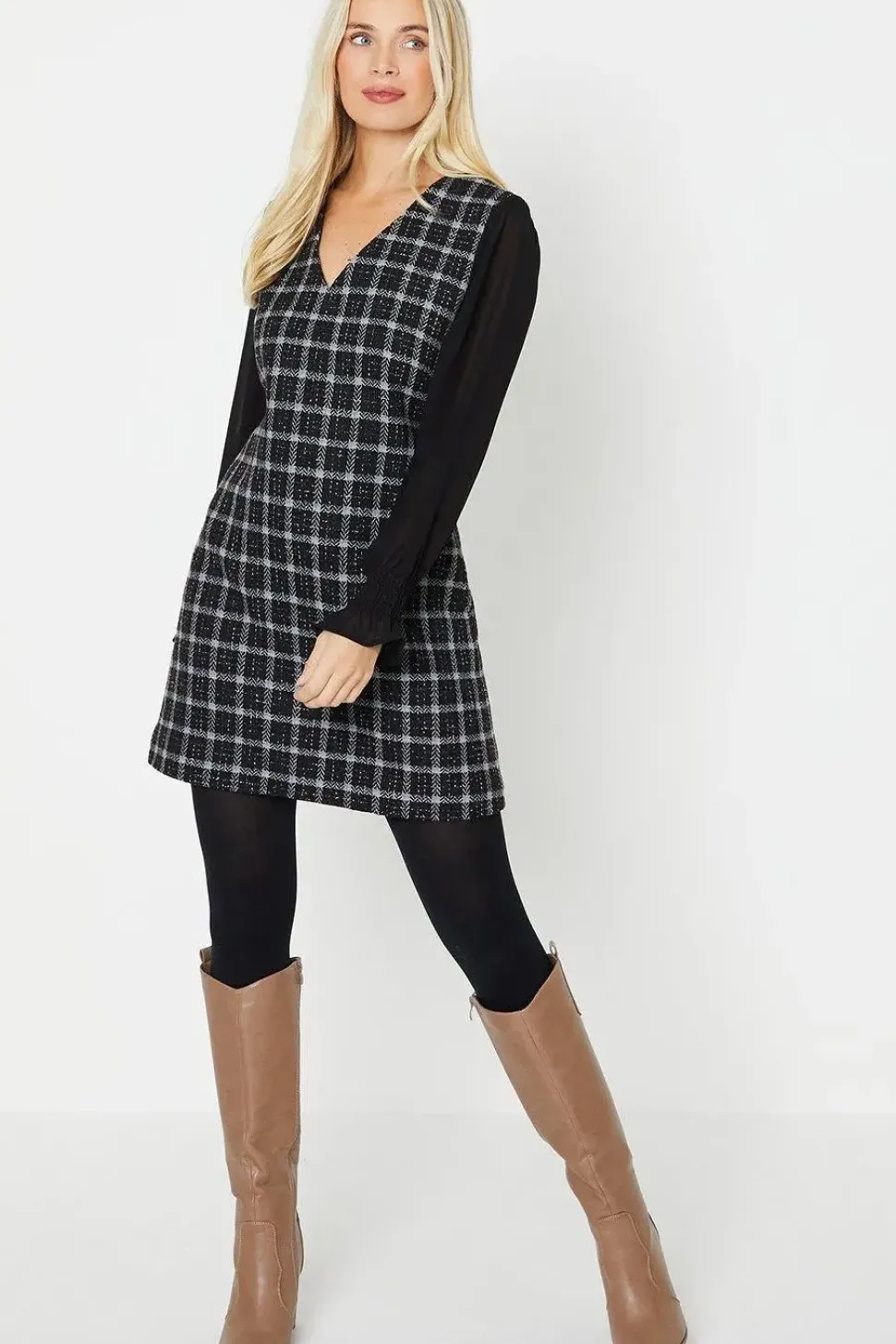 Petite Chiffon Sleeve Check Boucle Dress