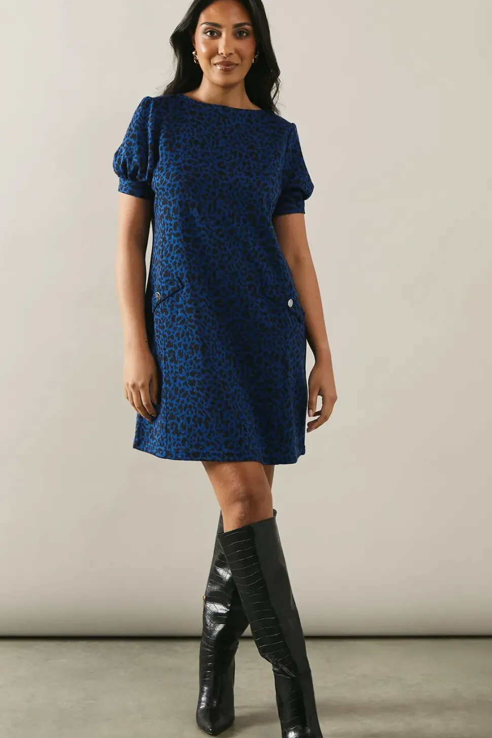 Petite Cobalt Short Sleeve Jacquard Ponte Shift Dress