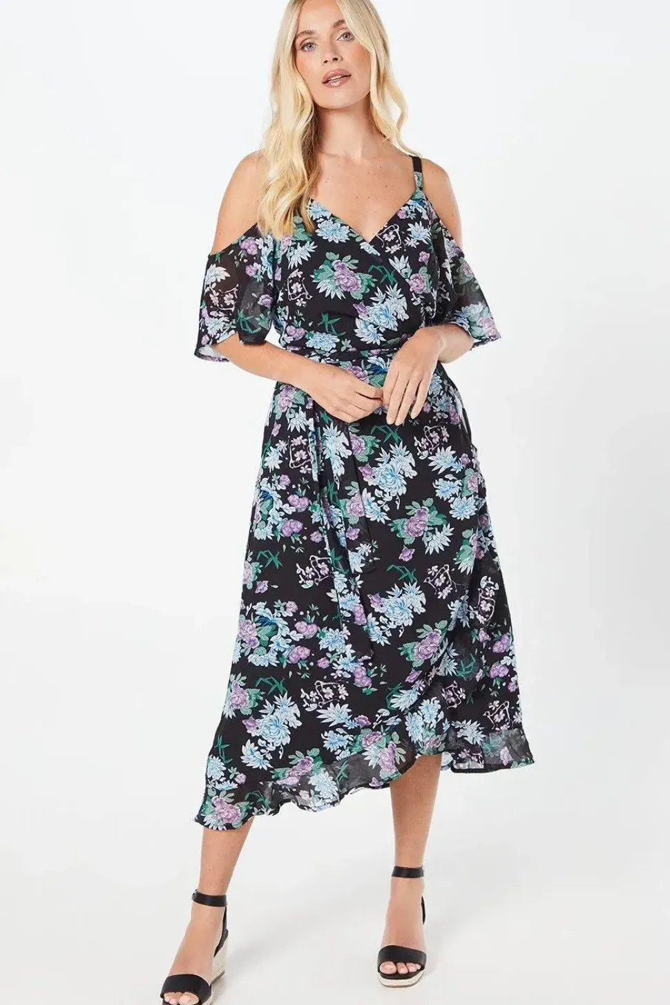 Petite Cold Shoulder Chiffon Wrap Midi Dress