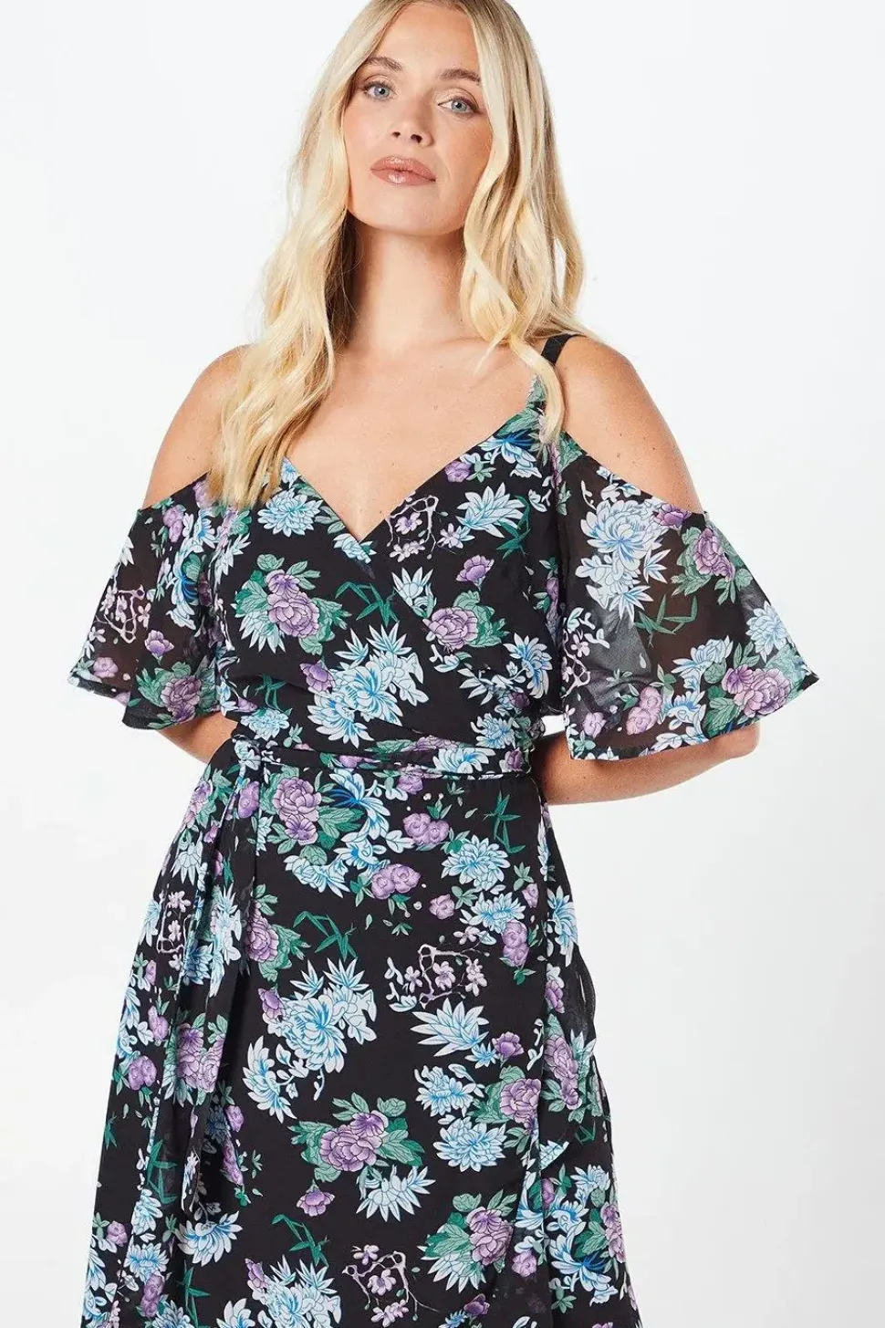 Petite Cold Shoulder Chiffon Wrap Midi Dress