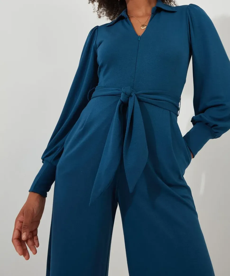 PETITE Collared Straight Leg Jersey Jumpsuit
