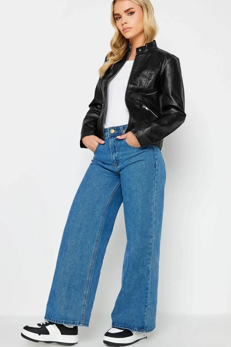 Petite Collarless Faux Leather Jacket