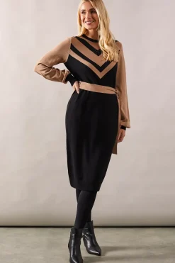 Petite Colour Block Belted Knitted Midi Dress